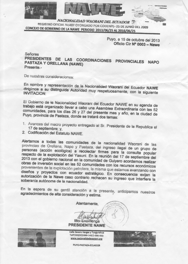 Moi Enomenga alerts the Waorani about "illegal" activists collecting signatures for a national referendum on the Yasuní drilling.
